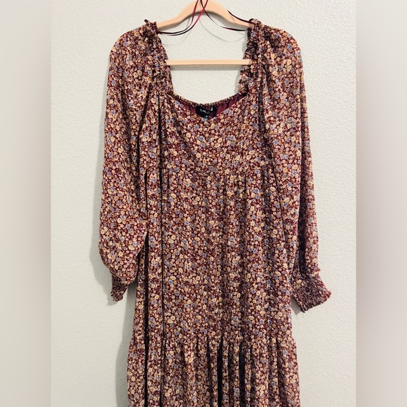 By The River Floral‎ Burgundy Ruffle Accent Midi Dress Size Medium - Picture 6 of 12
